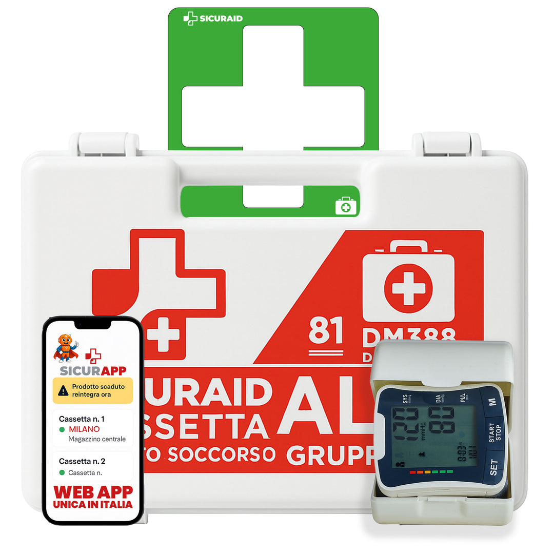 SICURAID Cassetta Pronto Soccorso ALL.1 Gruppo A/B con Sfigmomanometro da Polso + Cartello + Accesso Web App SicurApp