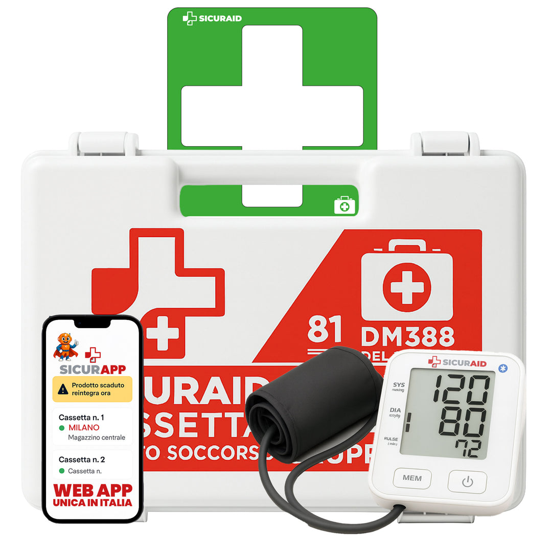SICURAID Cassetta Pronto Soccorso ALL.1 Gruppo A/B con Sfigmomanometro da Braccio + Cartello + Accesso Web App SicurApp (Copia)