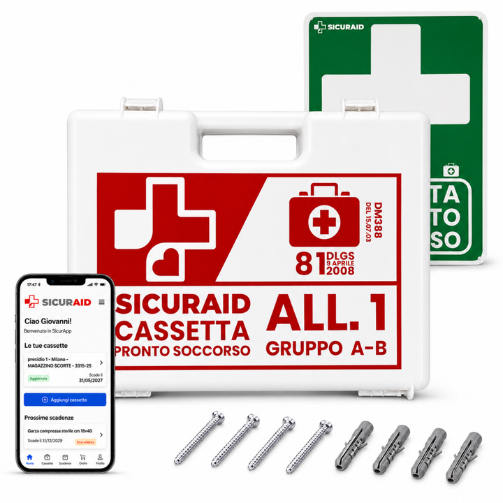 SICURAID Cassetta Pronto Soccorso All. 1 Gruppo A B con Cartello + Accesso Web App SICURAPP