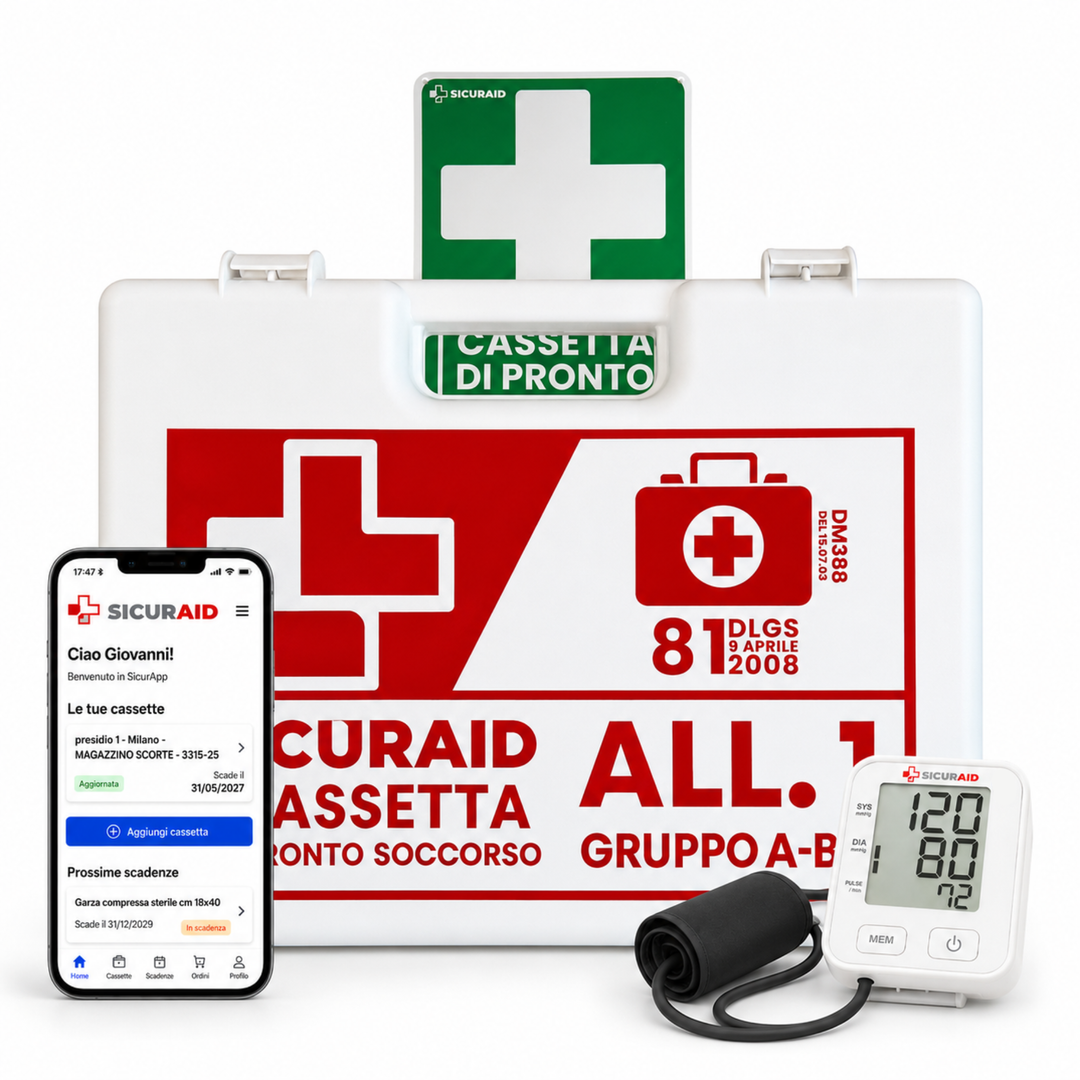 SICURAID Cassetta Pronto Soccorso ALL.1 Gruppo A/B con Sfigmomanometro da Braccio + Cartello + Accesso Web App SicurApp