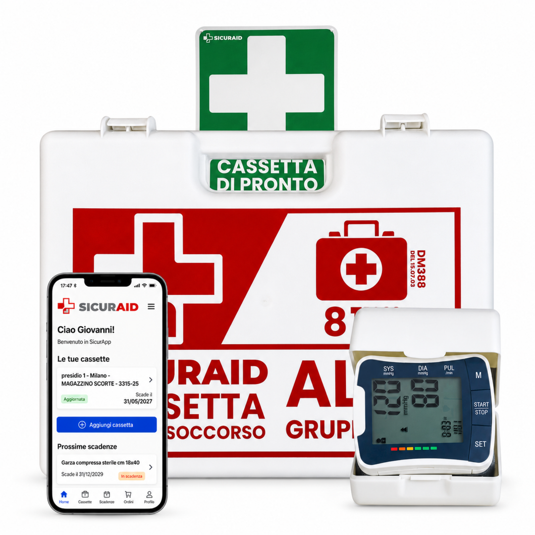 SICURAID Cassetta Pronto Soccorso ALL.1 Gruppo A/B con Sfigmomanometro da Polso + Cartello + Accesso Web App SicurApp