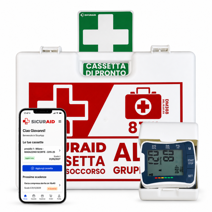 SICURAID Cassetta Pronto Soccorso ALL.1 Gruppo A/B con Sfigmomanometro da Polso + Cartello + Accesso Web App SicurApp