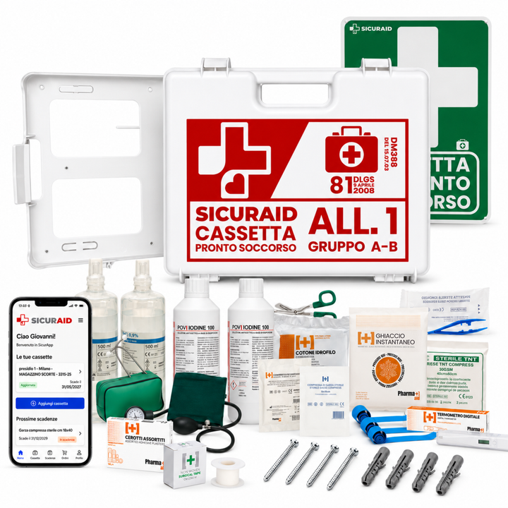 SICURAID Cassetta Pronto Soccorso ALL.1 Gruppo A/B con Sfigmomanometro da Braccio + Cartello + Accesso Web App SicurApp