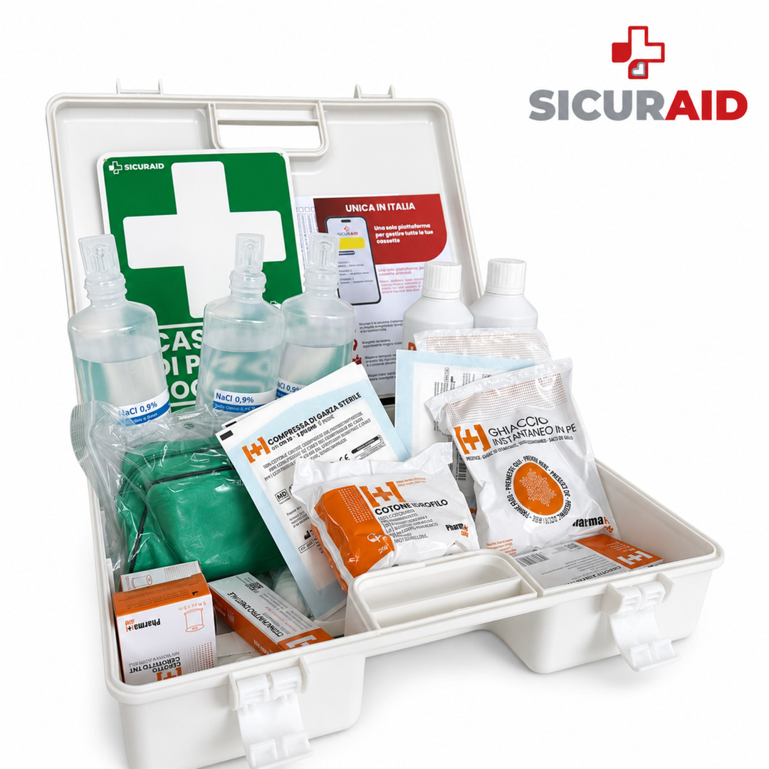 SICURAID Cassetta Pronto Soccorso ALL.1 Gruppo A/B con Sfigmomanometro da Polso + Cartello + Accesso Web App SicurApp