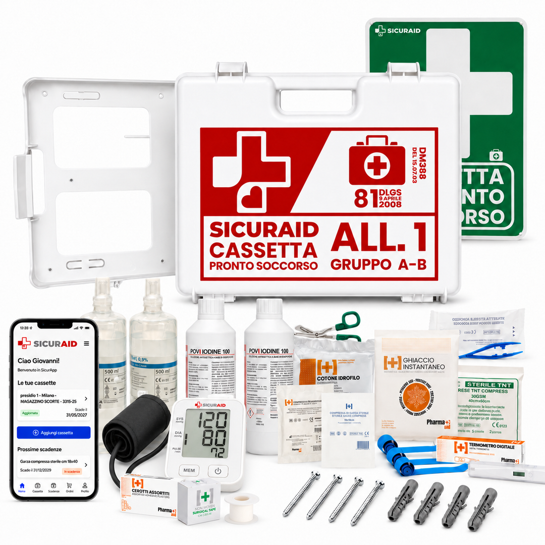 SICURAID Cassetta Pronto Soccorso Allegato 1 Gruppo A/B con Sfigmomanometro da Braccio + Cartello, Viti e Tasselli + Accesso Web App SicurApp