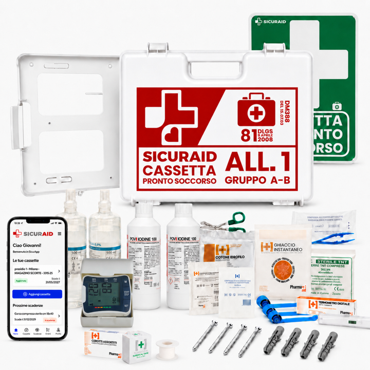 SICURAID Cassetta Pronto Soccorso Allegato 1 Gruppo A/B con Sfigmomanometro da Polso + Cartello, Viti e Tasselli + Accesso Web App SicurApp