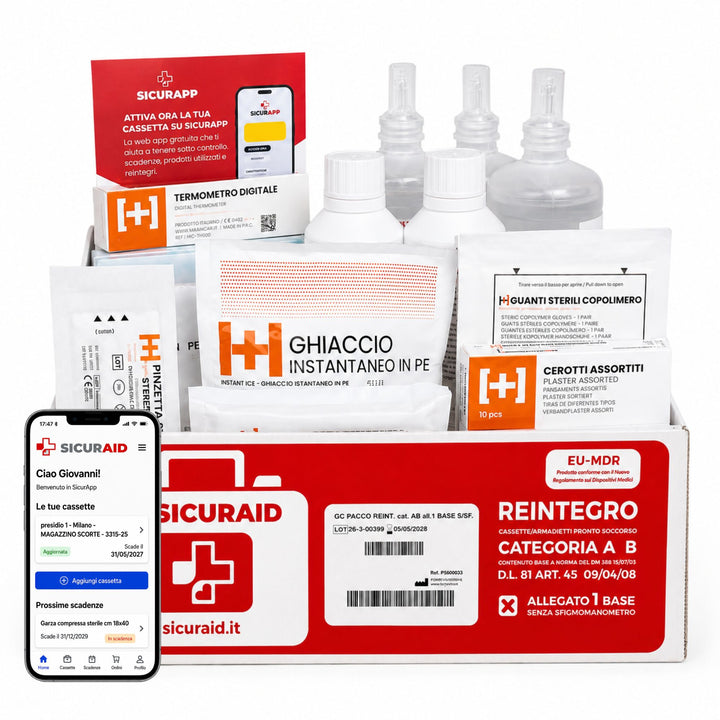 SICURAID Kit Reintegro Cassetta Pronto Soccorso Allegato 1 Gruppo A/B + Accesso Web App SicurApp