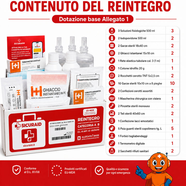 SICURAID Kit Reintegro Cassetta Pronto Soccorso Allegato 1 Gruppo A/B + Accesso Web App SicurApp