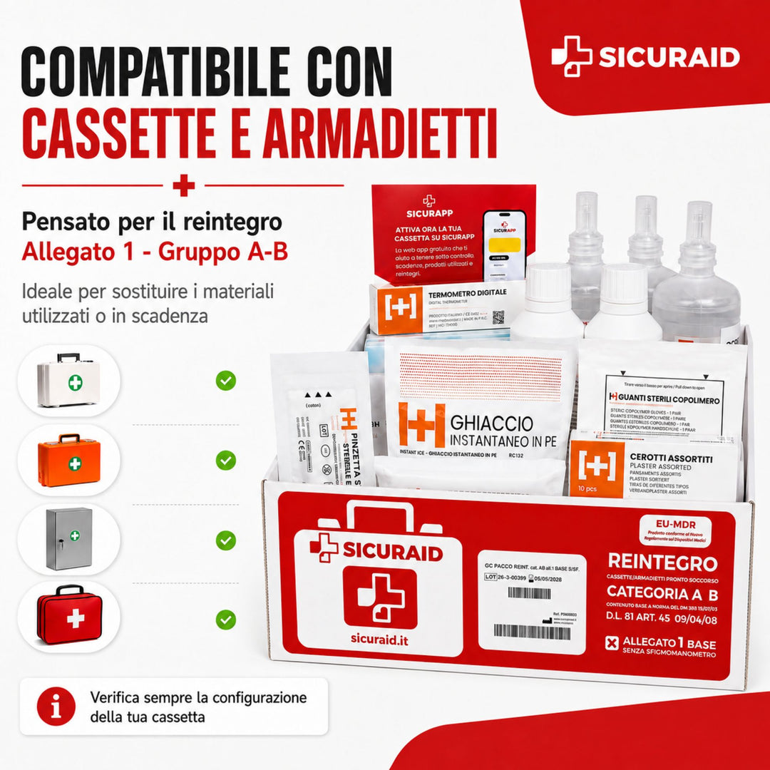 SICURAID Kit Reintegro Cassetta Pronto Soccorso Allegato 1 Gruppo A/B + Accesso Web App SicurApp