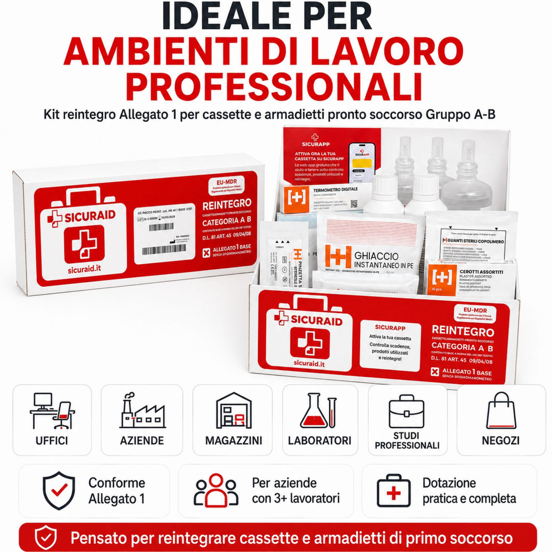SICURAID Kit Reintegro Cassetta Pronto Soccorso Allegato 1 Gruppo A/B + Accesso Web App SicurApp